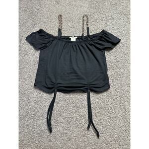 Women’s Size Medium NYC Black Cropped Cold Shoulder Top Chain Detail